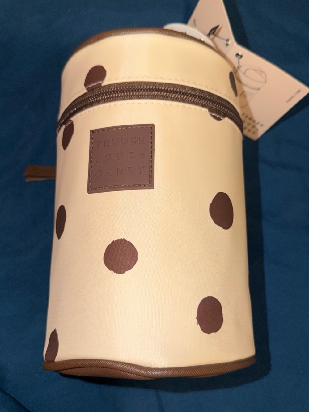 Cream and Brown Polka Dot tube Carrier tender love +carry